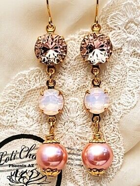 Victorian Pink Flower Mosaic & Rosewater Pink Opal Crystal W/ Pearl Earrings